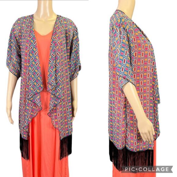 LulaRoe Womens Kimono Shawl Shrug Wrap Sheer Geo Print Fringe Trimmed Small - Picture 1 of 7